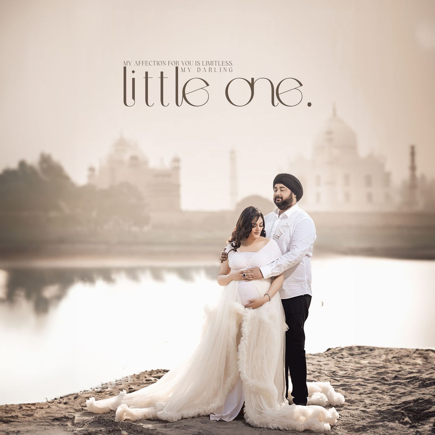 Romantic seashore photoshoot featuring flowing white dress and gentle poses against a misty backdrop.