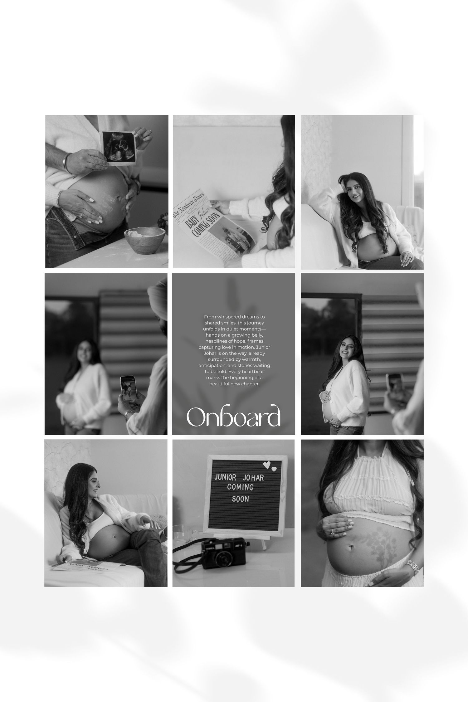 Black and white photo collage showing pregnancy journey with ultrasound images, baby bump photos, and text overlay.
