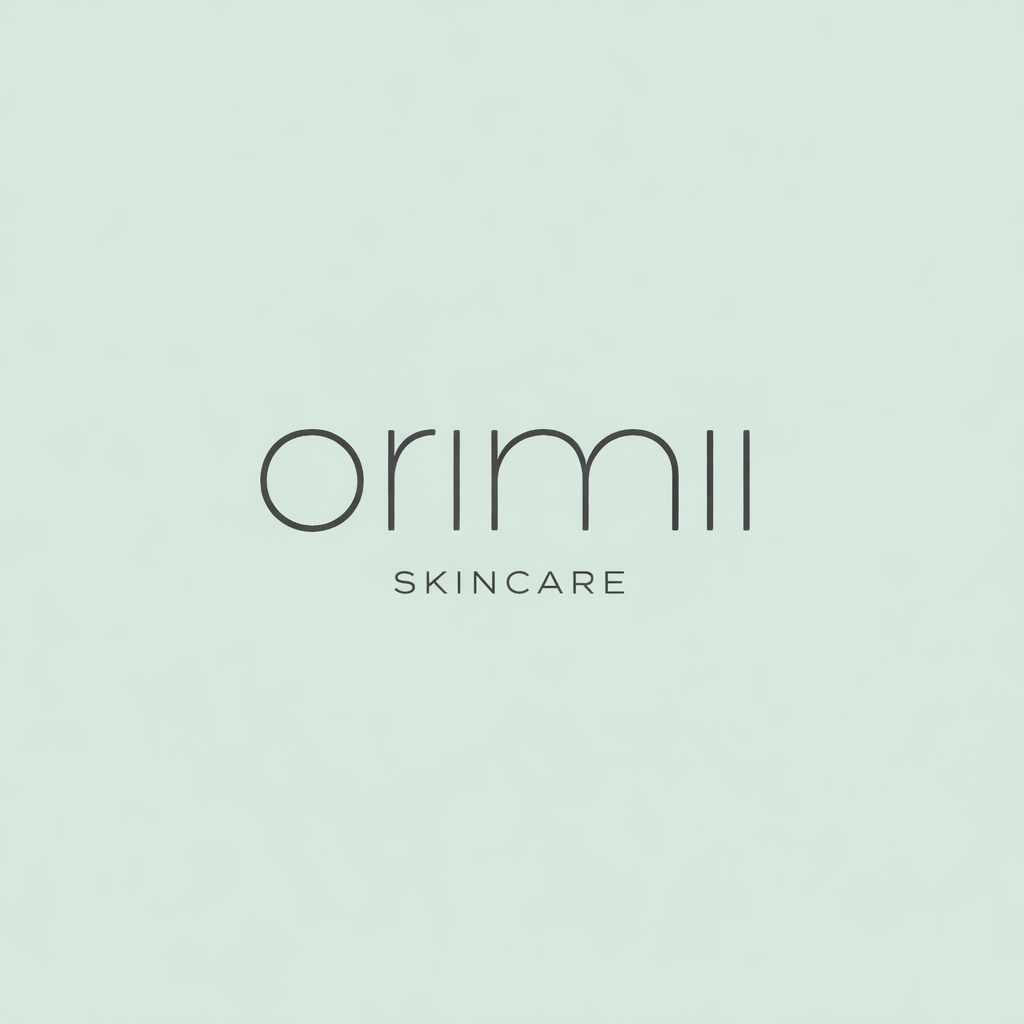 Minimalist skincare logo design for 'Orimii' brand in light sage green with thin, modern typography.