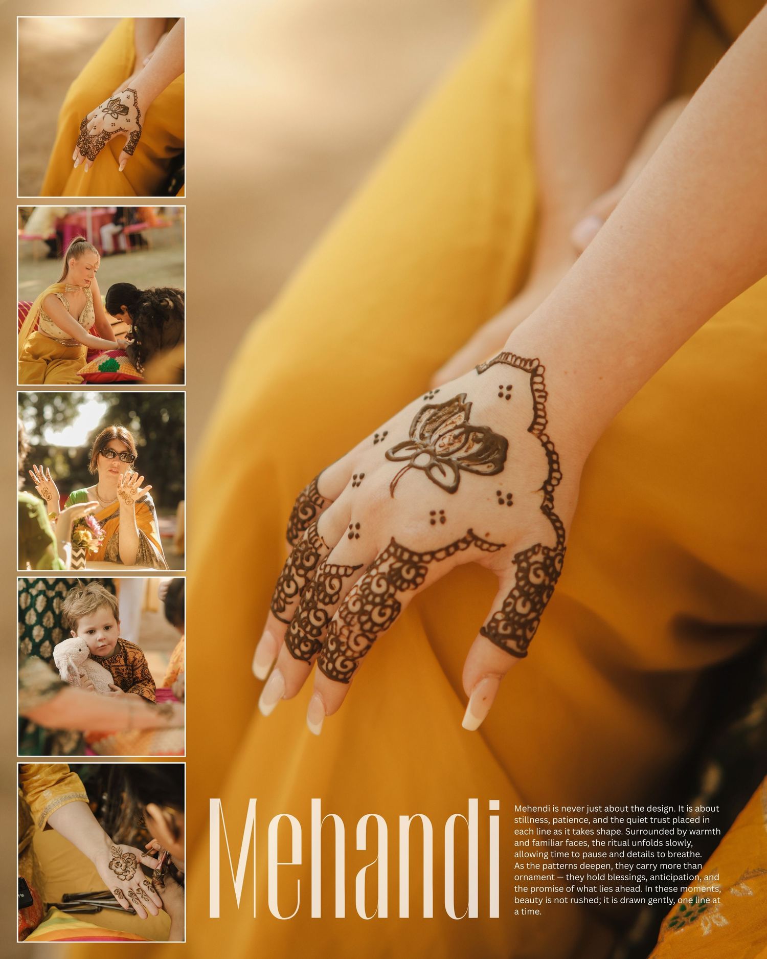 Intricate henna designs painted on hands against a warm golden background showcase traditional mehndi artistry.