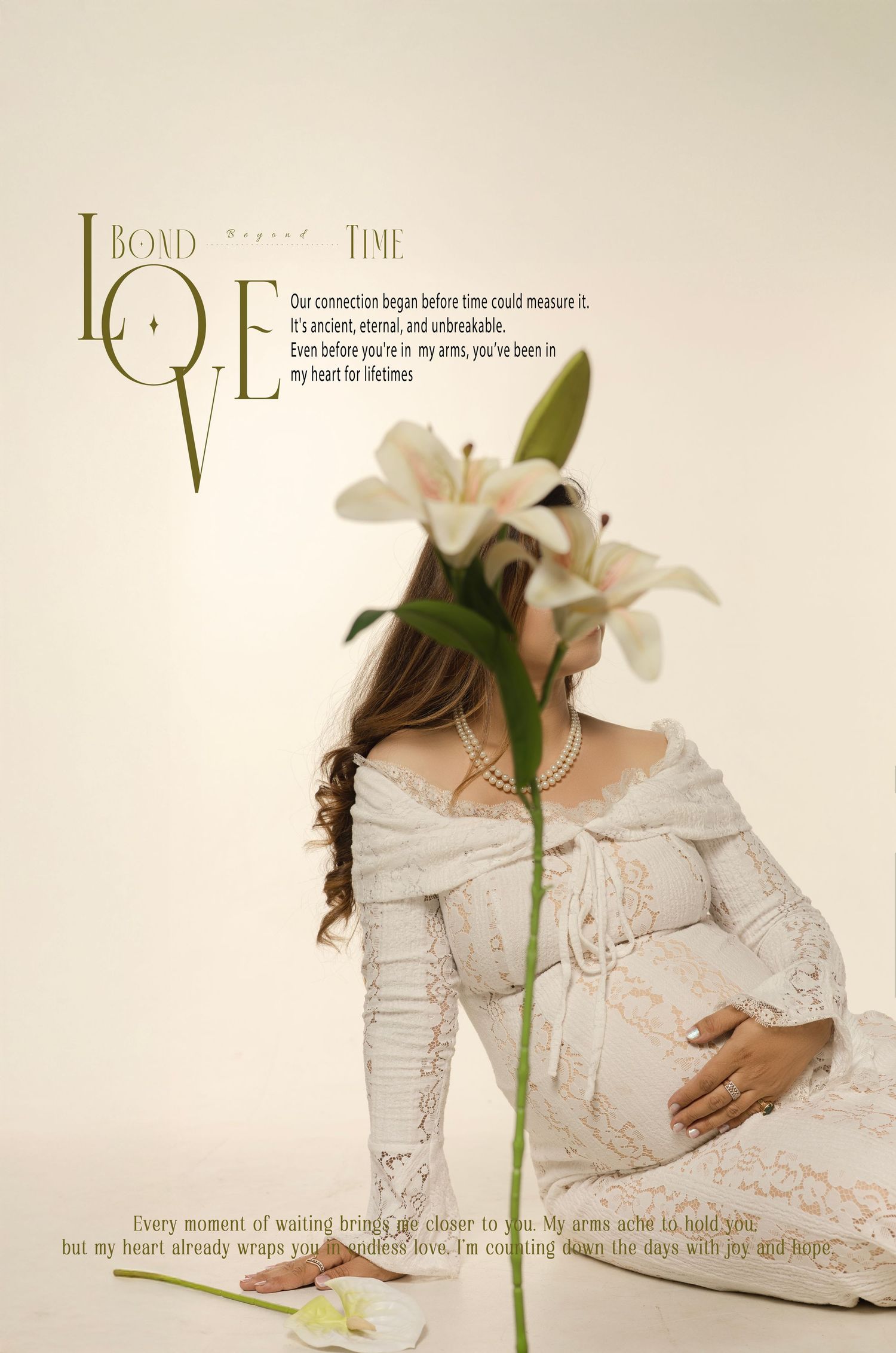 A series of romantic maternity photos showing a woman in white lace dress holding a white lily flower against a beige backdrop.