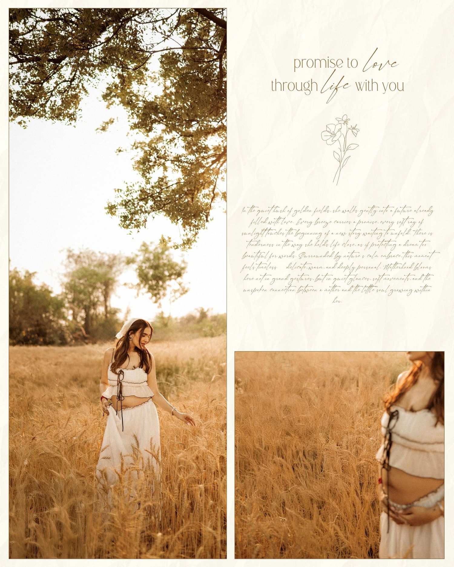Pregnant woman in white dress standing in golden wheat field during golden hour maternity photo session.