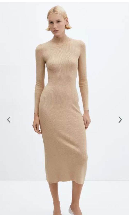 Beige ribbed turtleneck sweater dress shown on figure against white background.