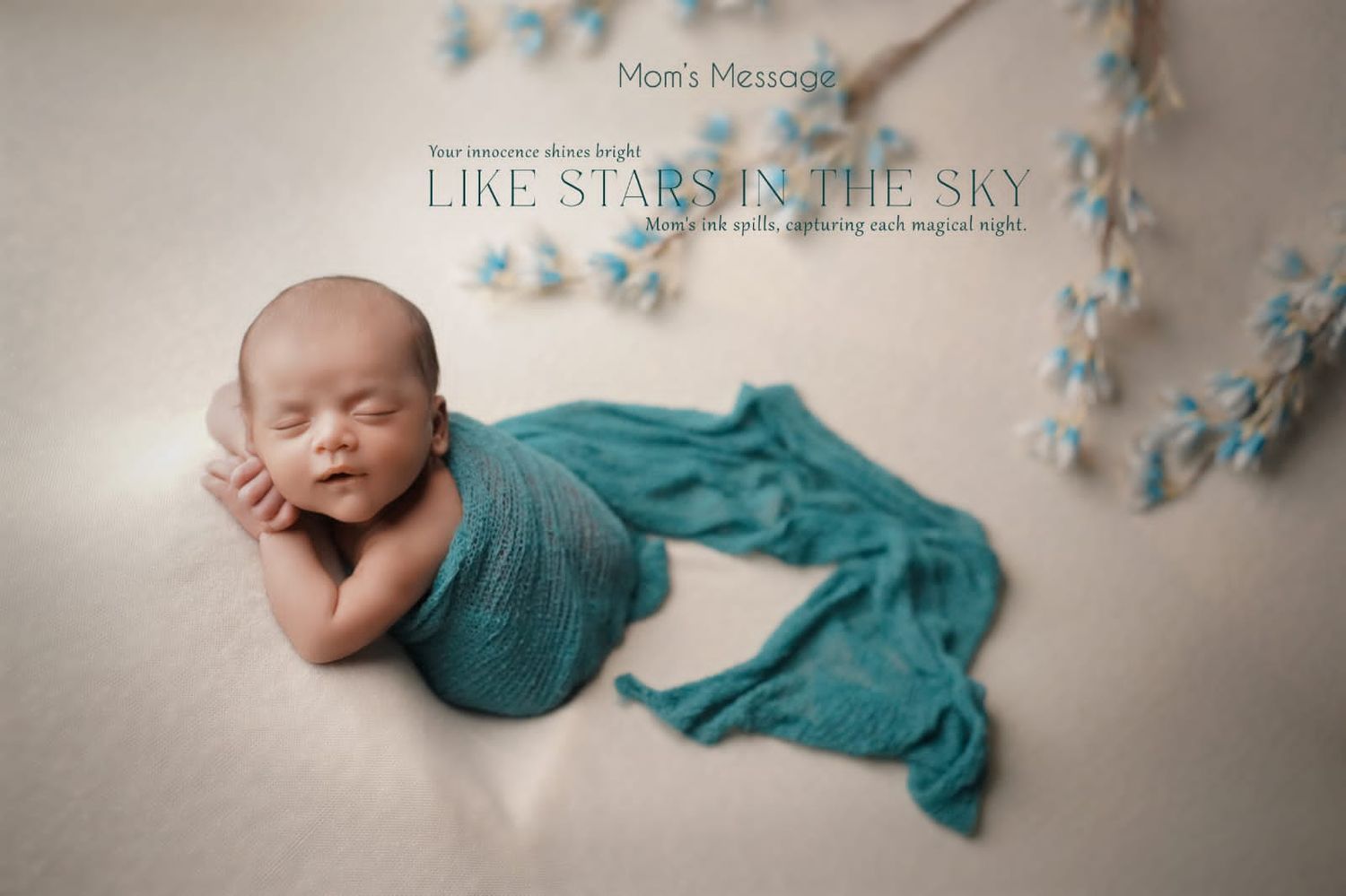 Serene newborn baby wrapped in teal swaddle blanket surrounded by delicate blue flowers on white background.