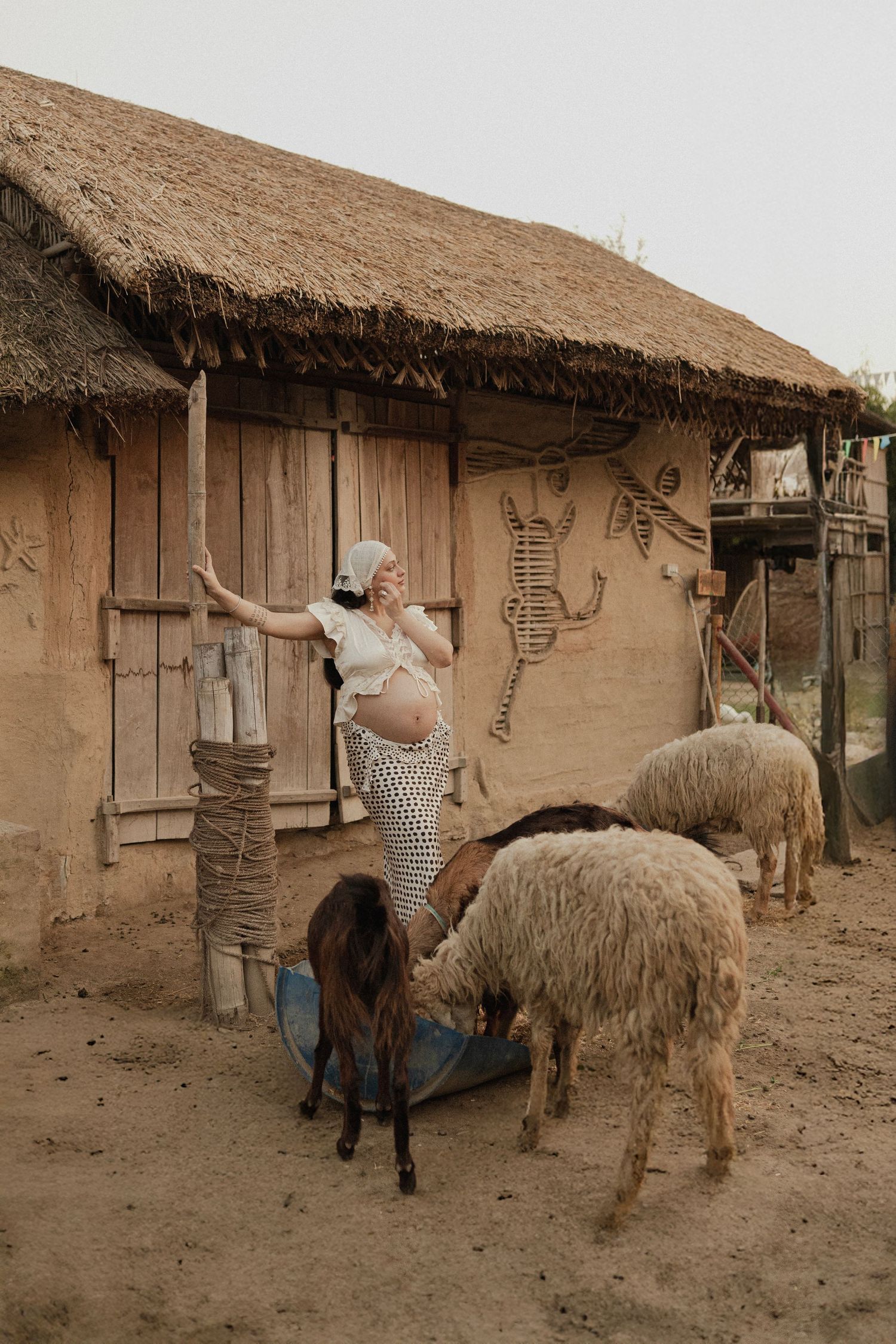 Pregnant woman in polka dot skirt feeding sheep near rustic mud hut with thatched roof on a farm.