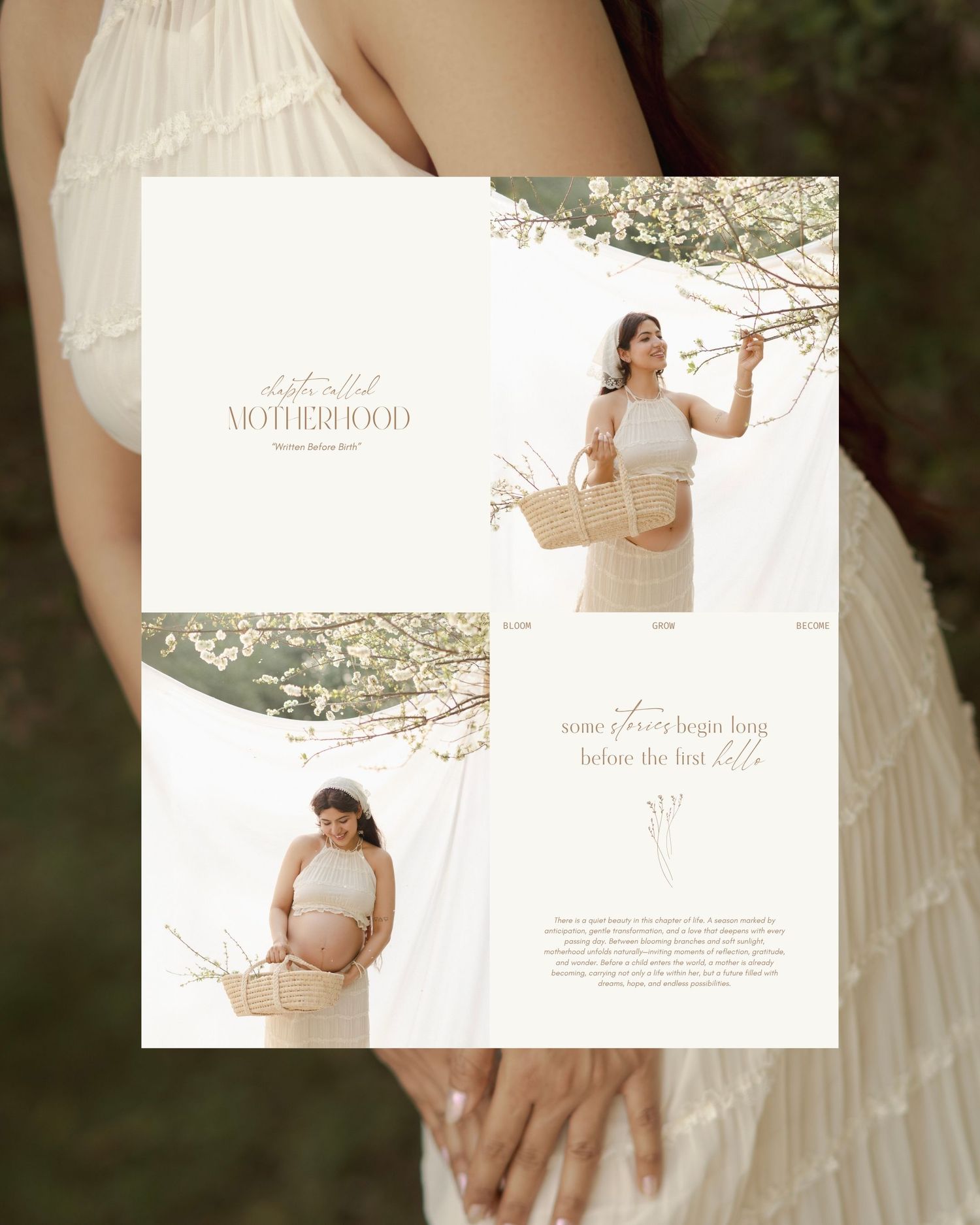 A pregnancy mood board featuring a woman in a white dress holding a basket near blooming trees, with elegant motherhood typography overlay.