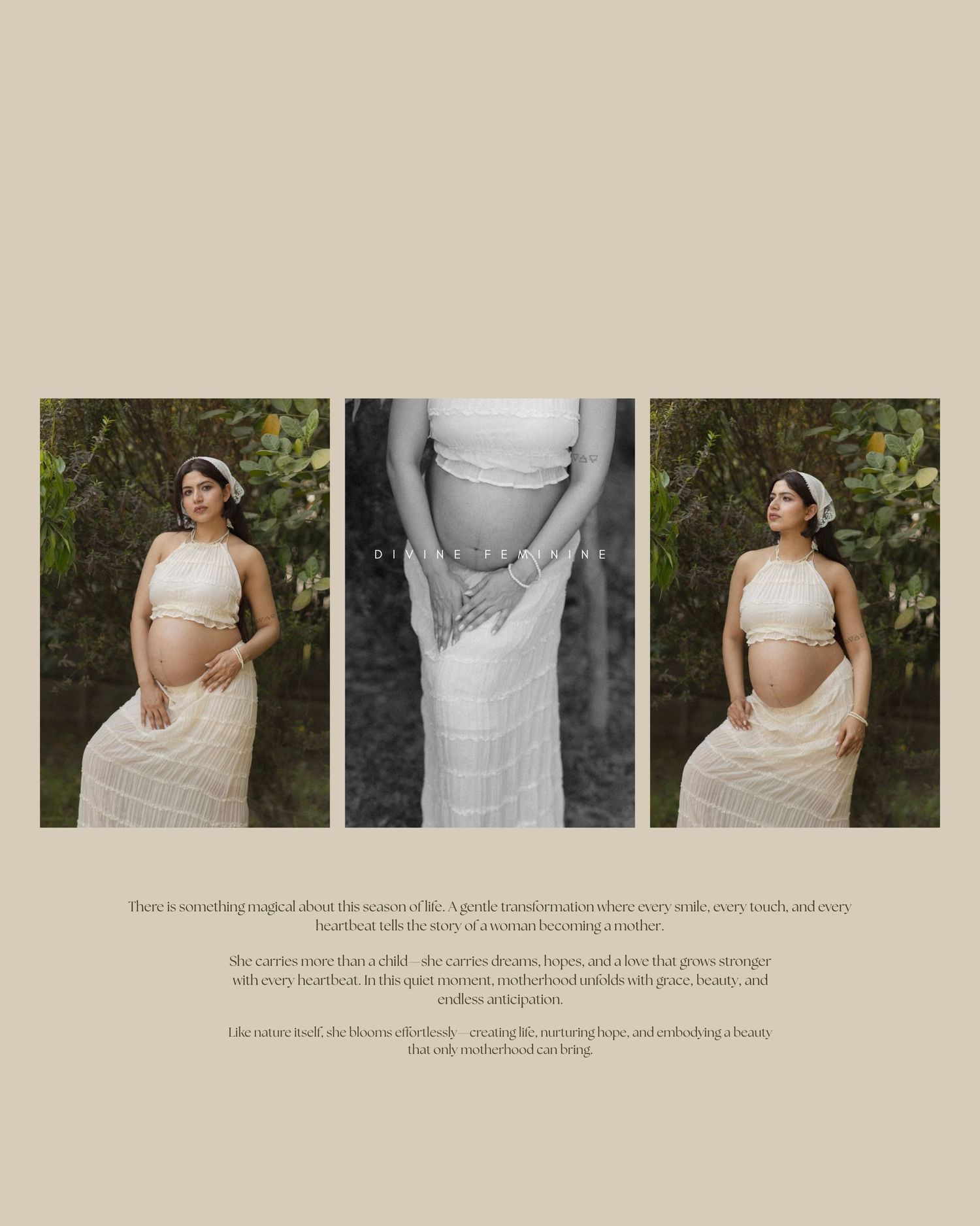Elegant maternity photo collage featuring a pregnant woman in a white outfit posed gracefully outdoors among lush greenery.
