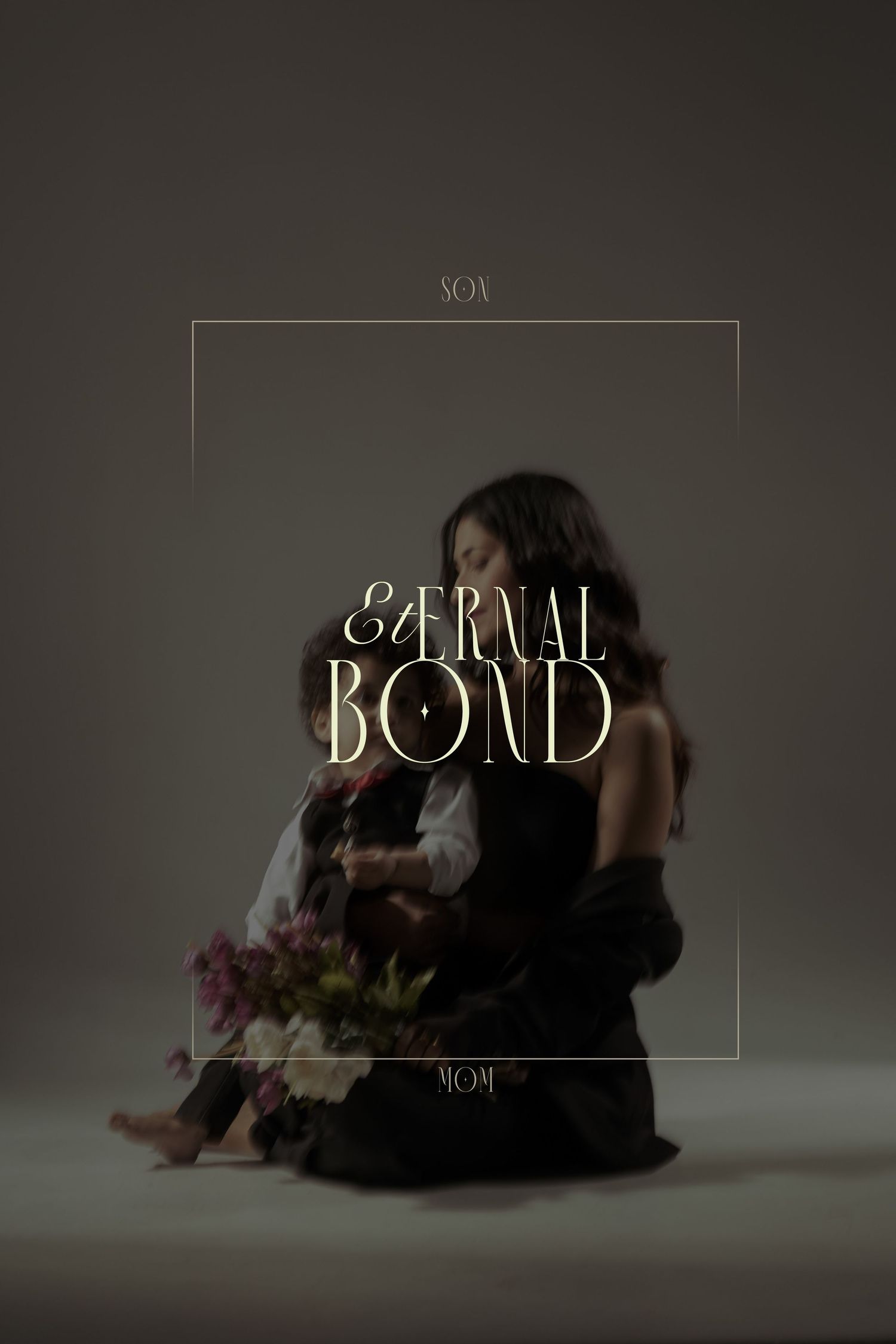 A mother and son share an intimate embrace on the floor with flowers, overlaid with the text Eternal Bond.