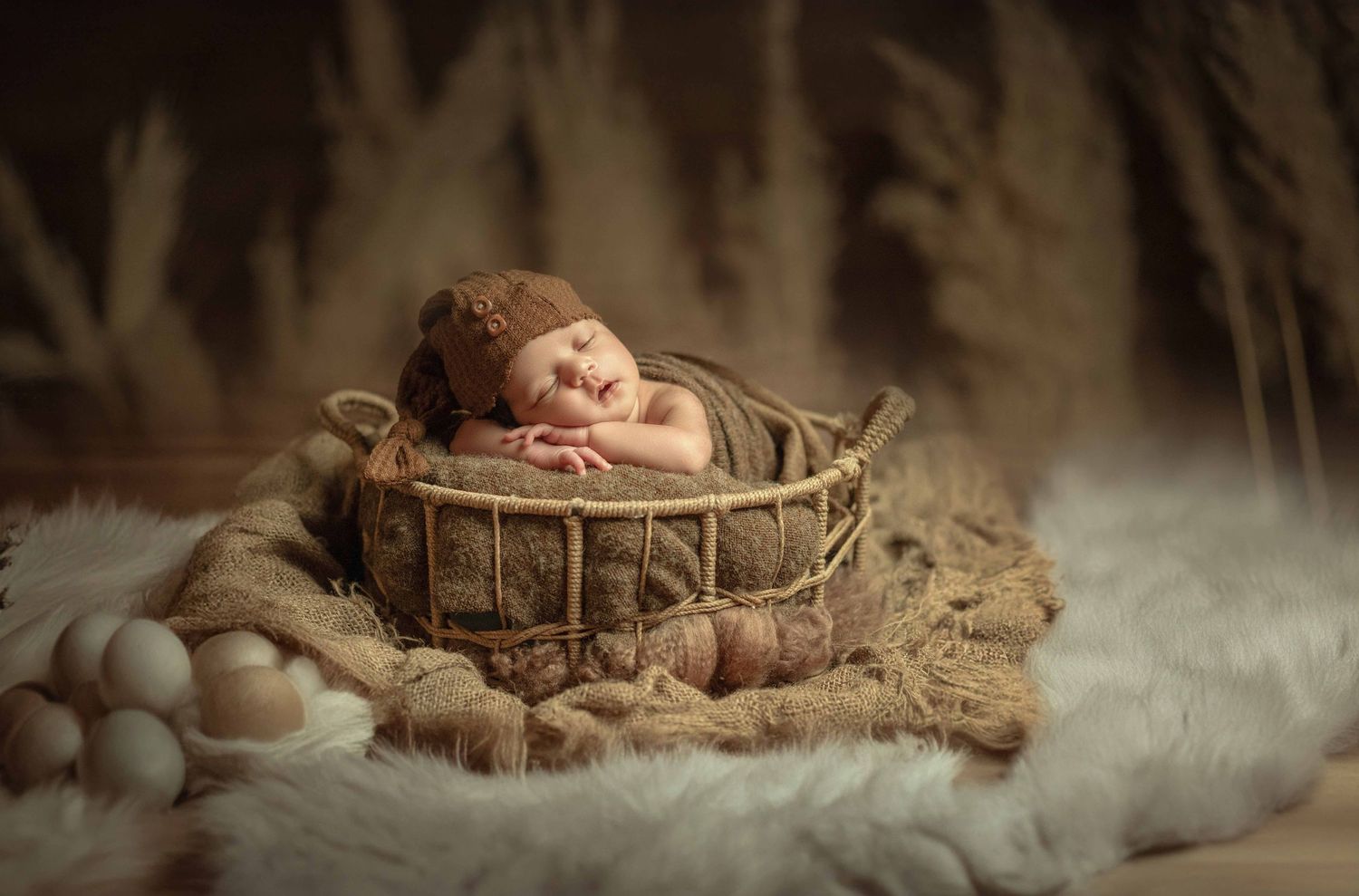 Newborn baby sleeping peacefully in a rustic wicker basket surrounded by eggs and soft fur on a warm bokeh background.