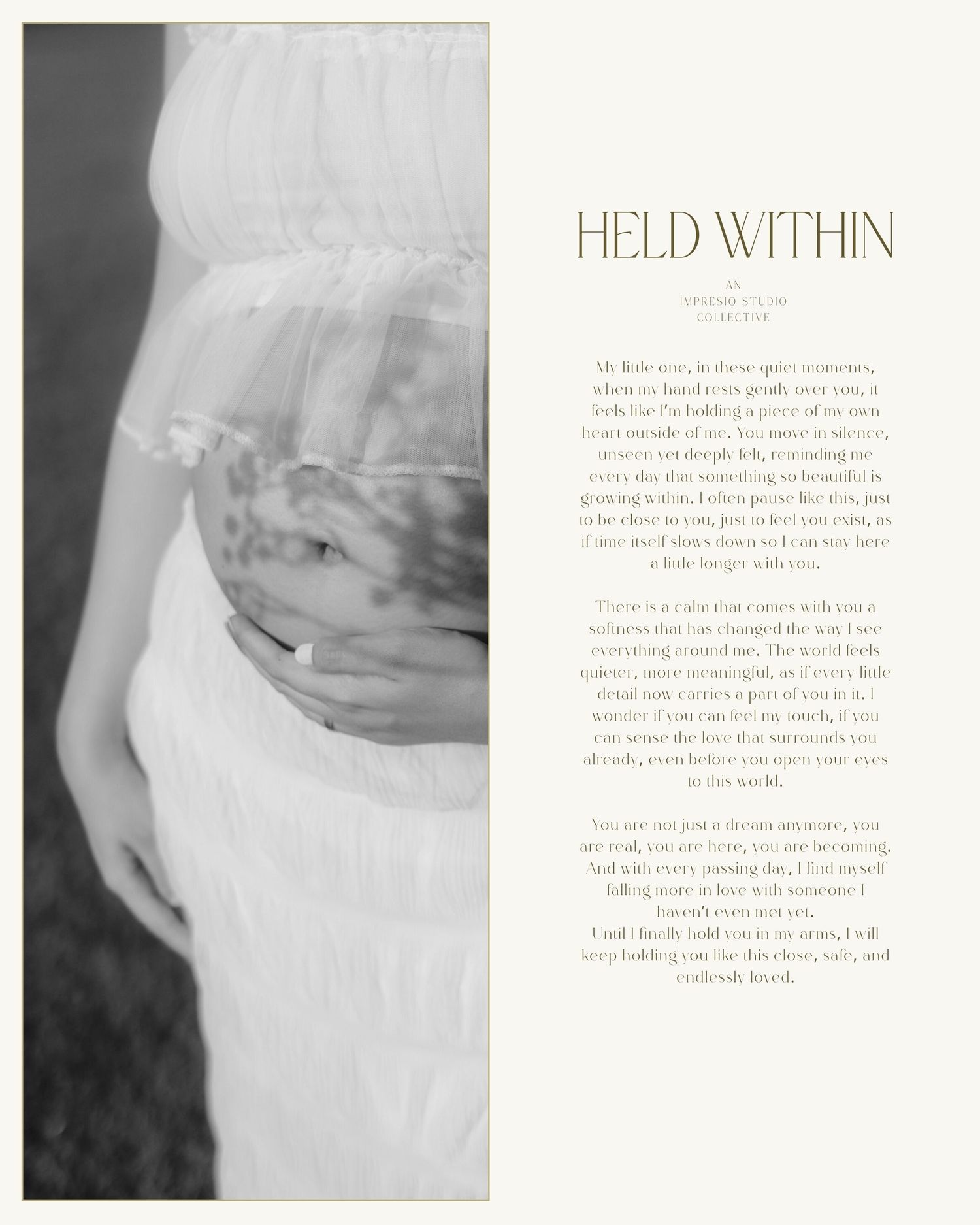Black and white photo of a child in a white dress with a poem titled Held Within on elegant stationery.