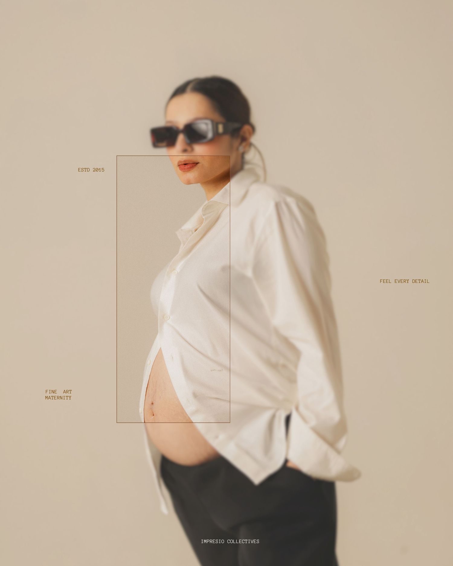 Pregnant woman in white oversized shirt and sunglasses poses sideways, showing baby bump, with text overlays on beige background.