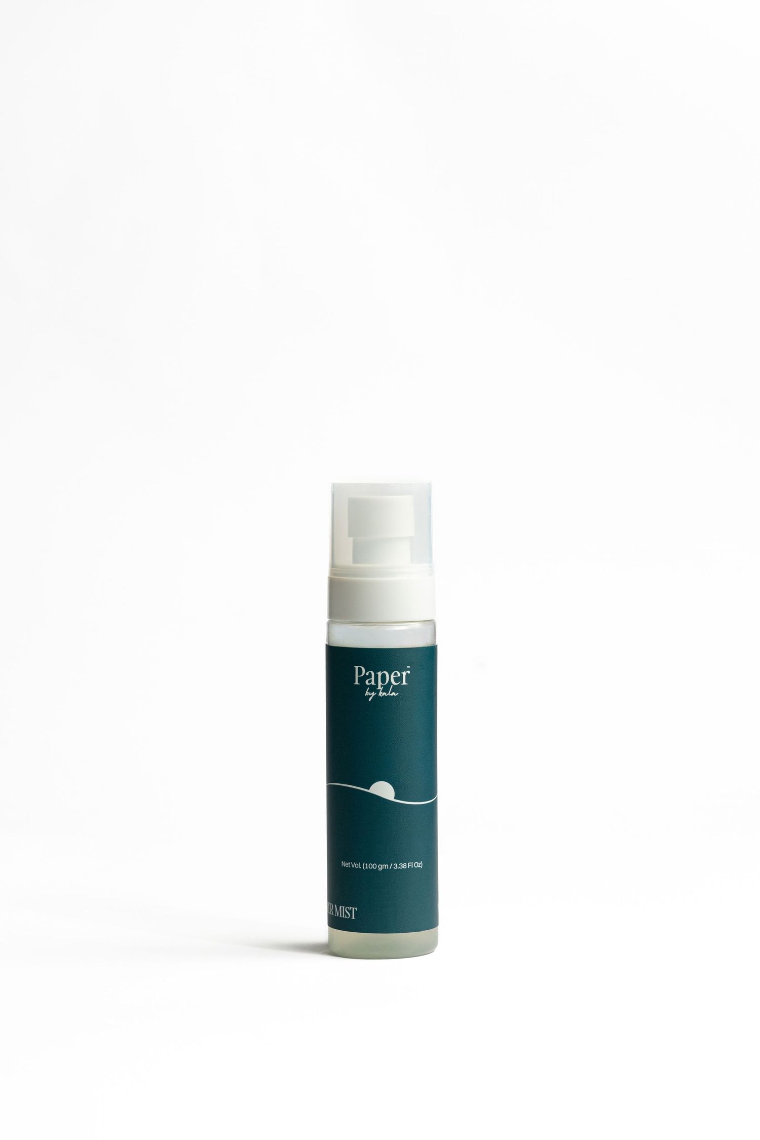 Dark teal Paper by Sofia spray bottle with a clear cap and a minimalist white wave design on the label, shown against a white background.
