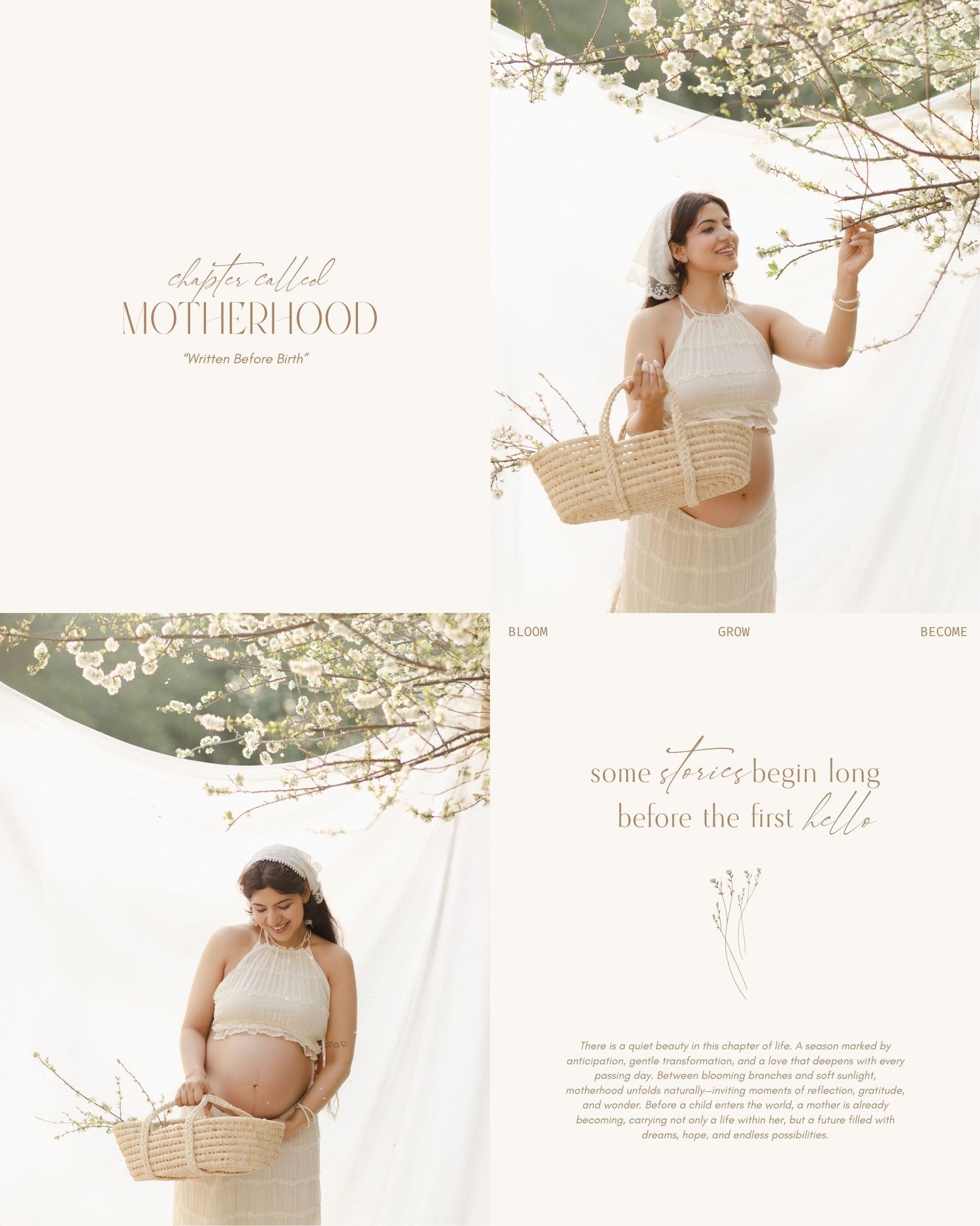 Pregnant woman in beige knit top holding wicker basket among cherry blossoms in soft natural maternity photography.