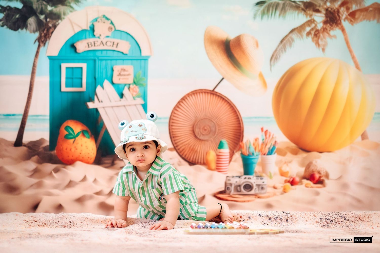 A series of beach-themed fall photos showing pumpkins on sandy shores with turquoise ocean waters and palm trees.