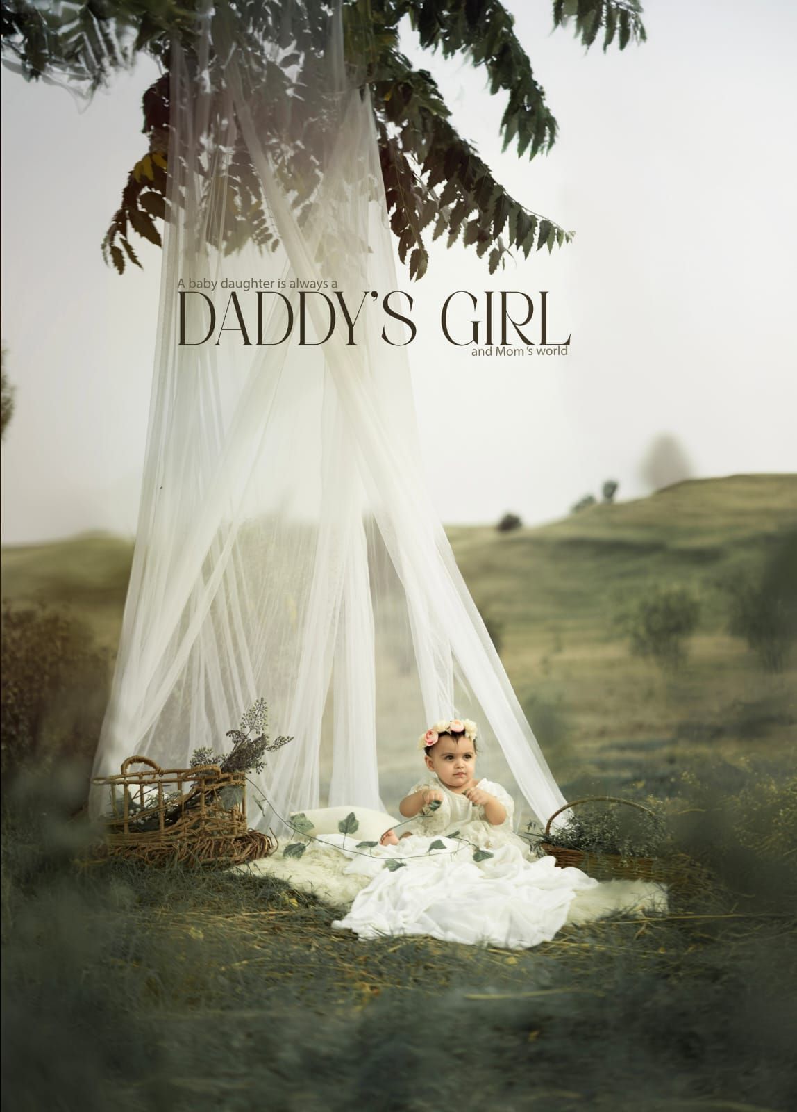 A baby girl in white dress sits under a sheer canopy outdoors with text reading Daddy's Girl.