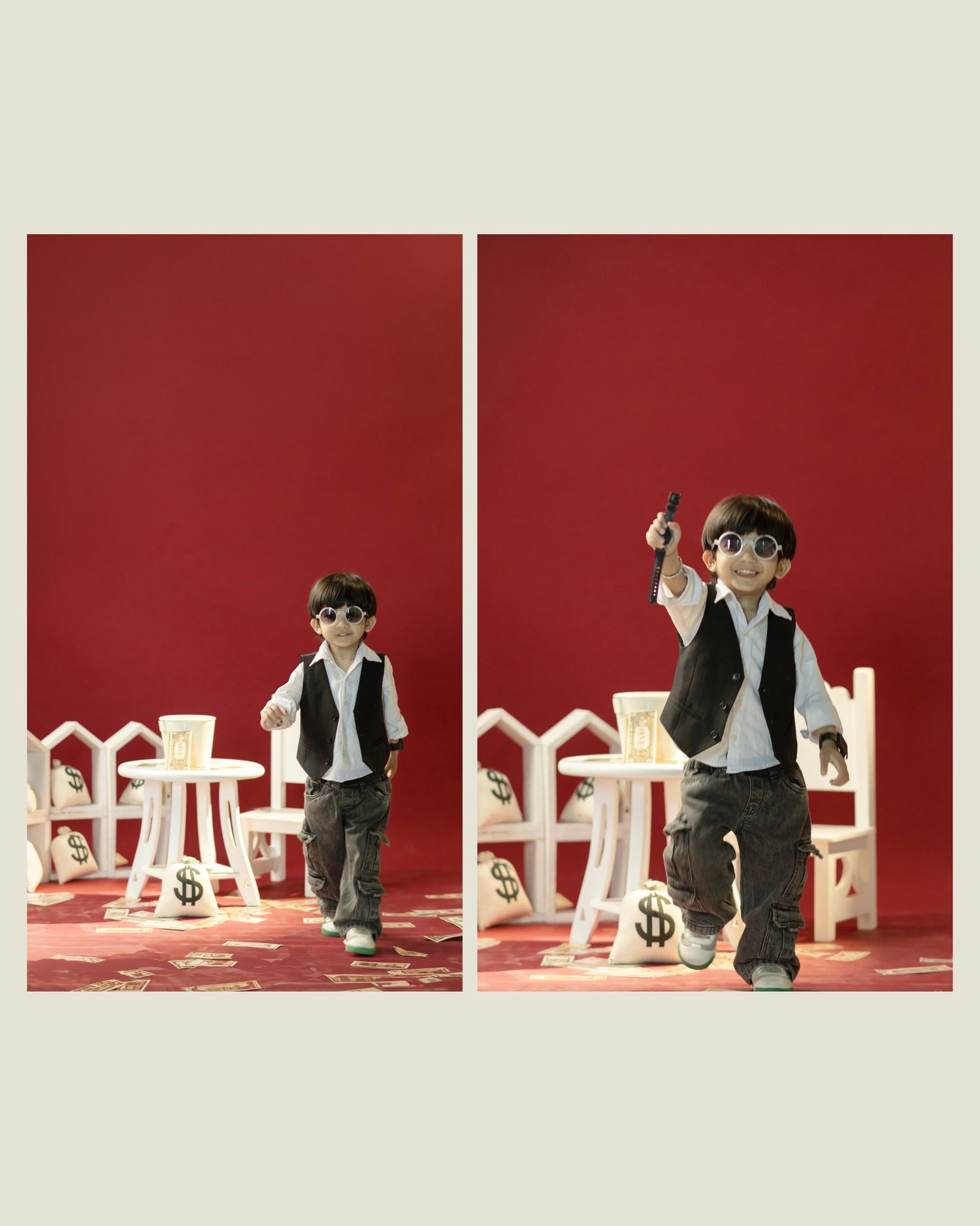 Young boy in vest and sunglasses poses confidently beside white chairs with dollar sign bags on a red backdrop.