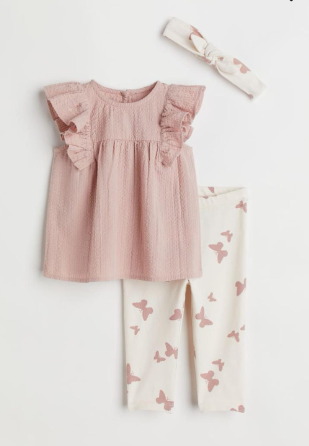 Pink ruffle sleeve top with butterfly print leggings and matching headband set.