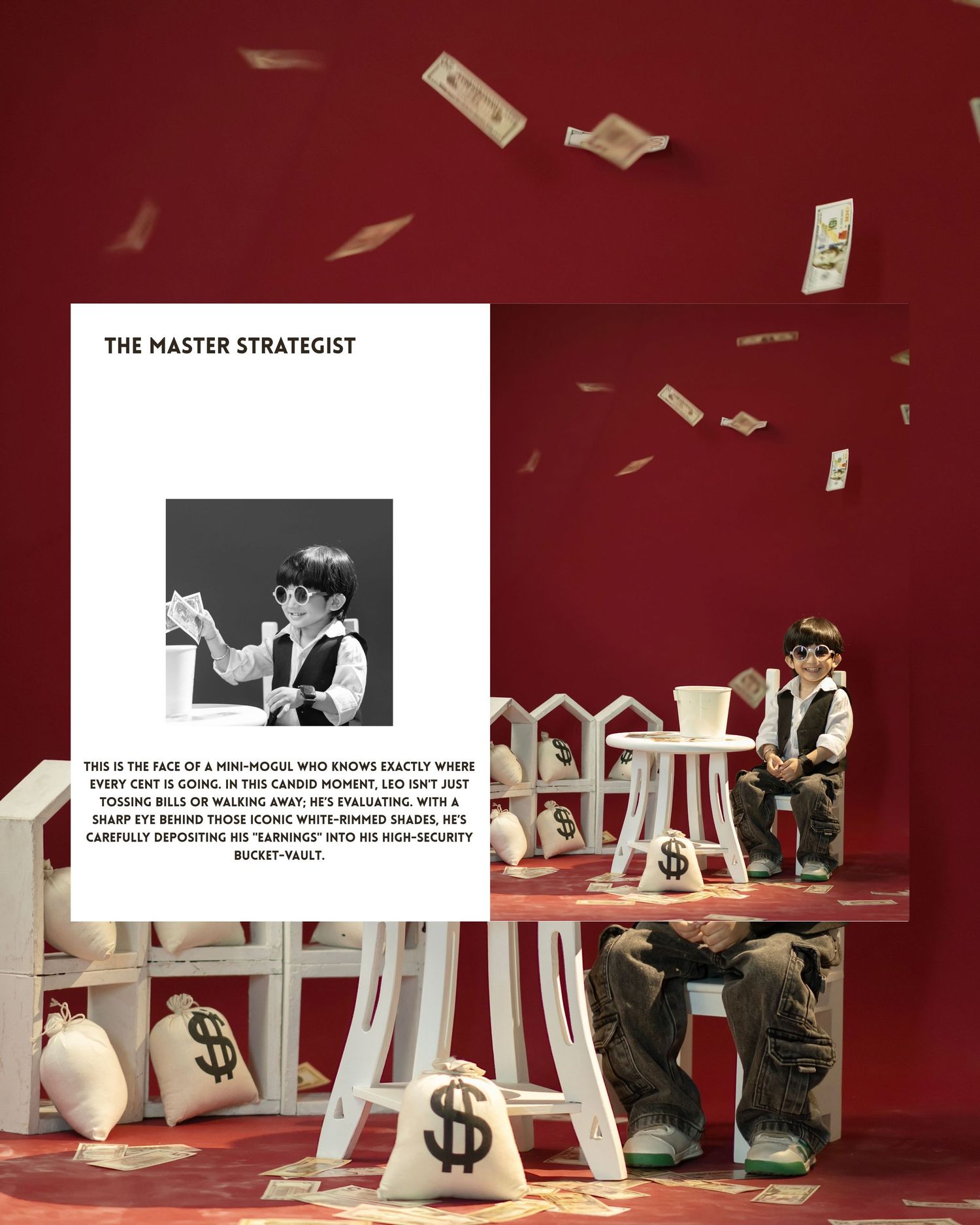 A toy figurine dressed as a businessman sits on a stool surrounded by money bags and falling dollar bills.