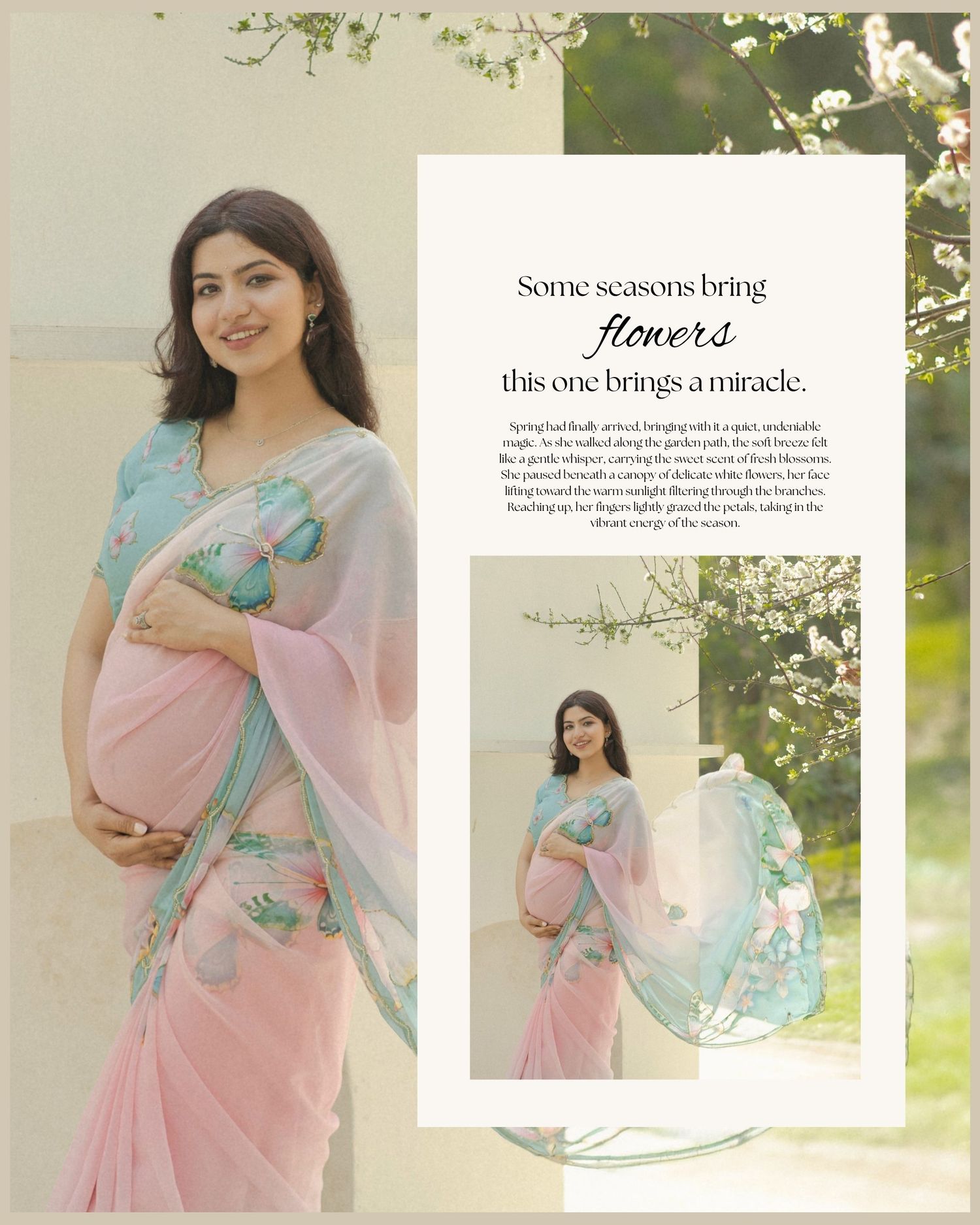 Pregnant woman in pink floral saree posing gracefully outdoors, spring maternity photoshoot with soft pastel tones.