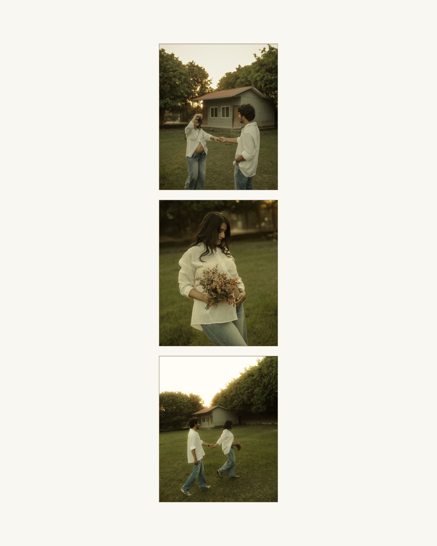Three outdoor polaroid-style photos showing a couple in a green garden, a woman holding dried flowers, and two people walking.