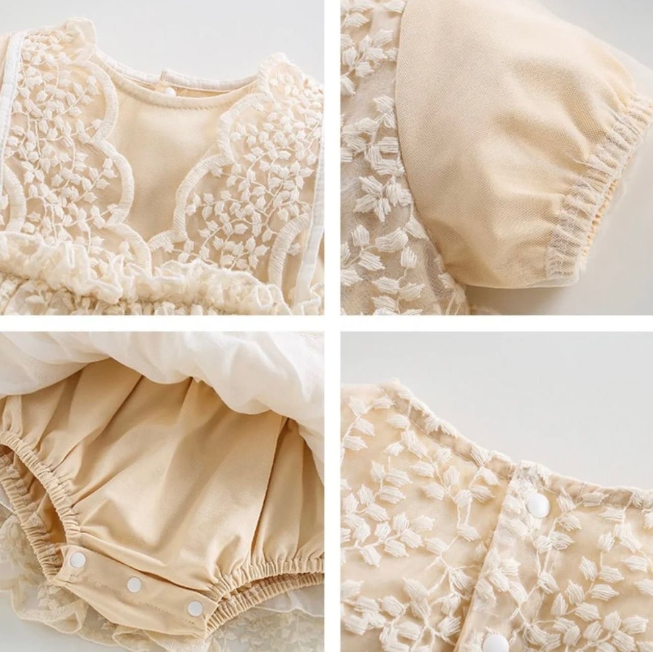 Close-up details of vintage cream-colored ruffled bloomers with delicate white lace trim and elastic gatherings.