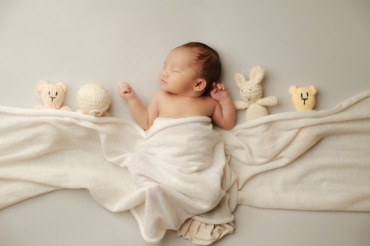 Newborn baby sleeping peacefully wrapped in white blanket surrounded by cute knitted animal toys on soft white background.