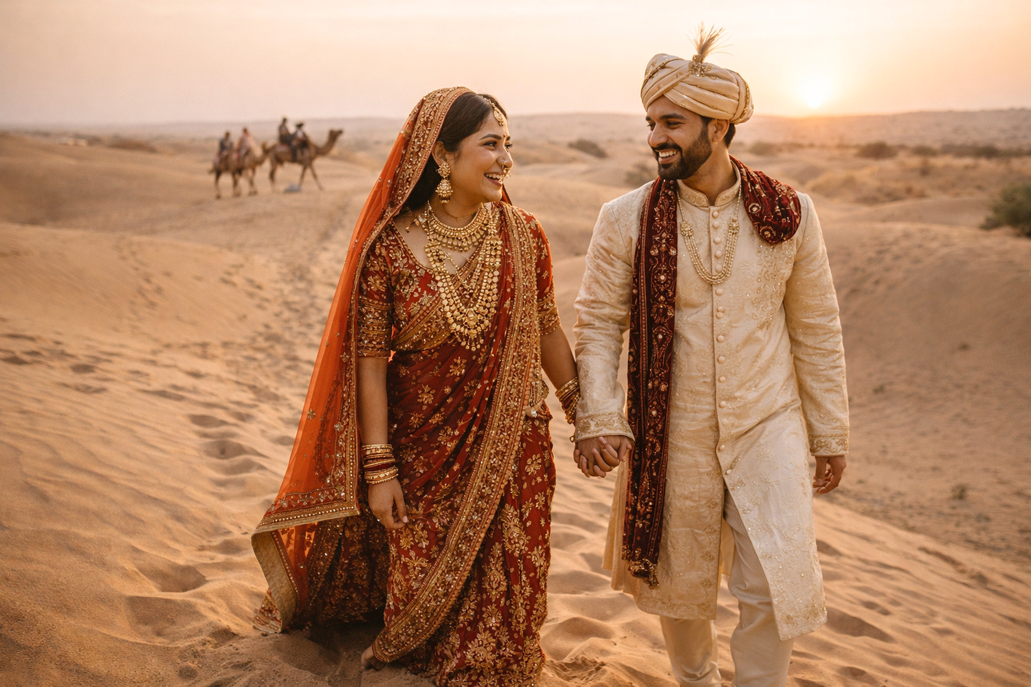 A couple in traditional Indian wedding attire walk hand in hand through desert dunes at sunset with camels in background.