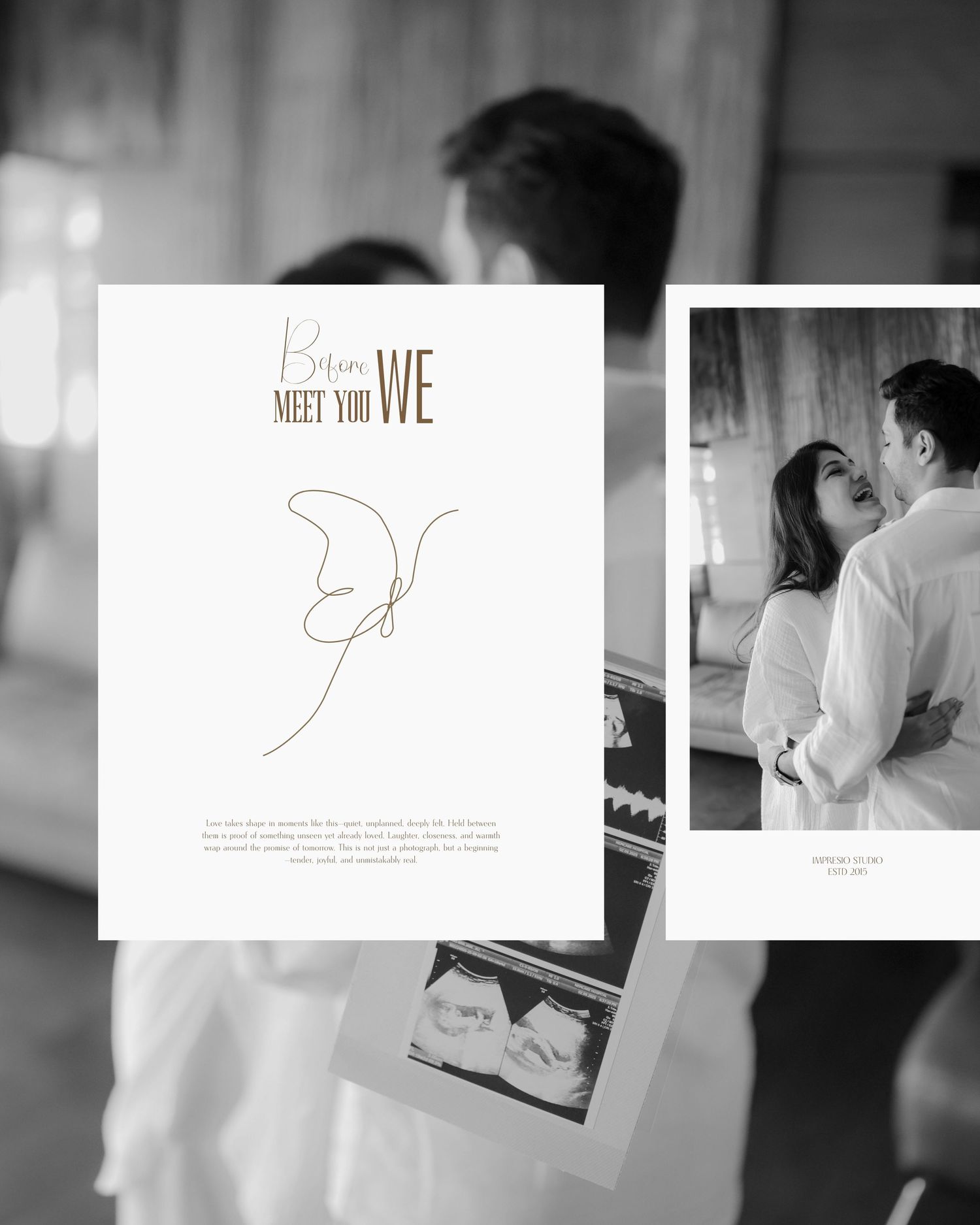 A minimalist black and white photo sequence showing intimate moments between a couple in a medical setting.