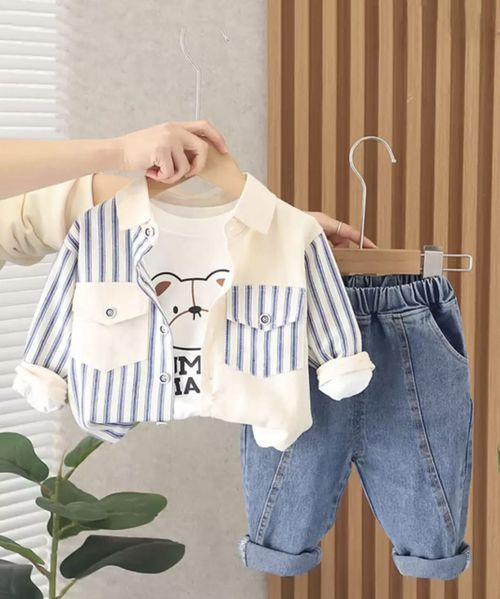 Baby outfit with striped blue and white top paired with denim pants.