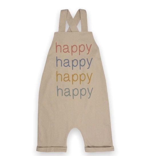 Handwritten 'happy' signs on natural kraft paper overalls displayed in a row.
