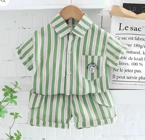 Green and white vertical striped summer outfit with short sleeve button-up shirt and matching shorts.