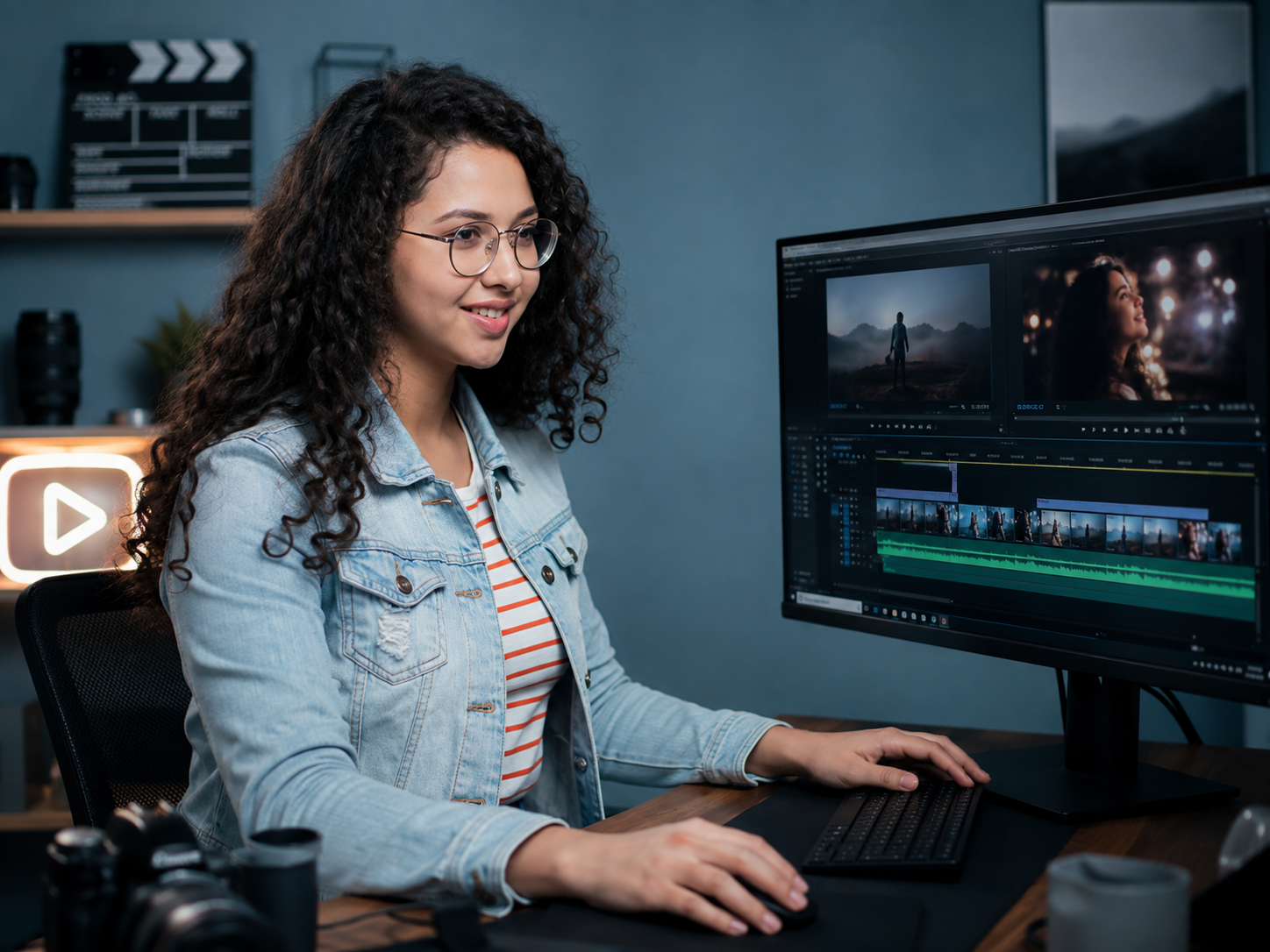 A young woman with curly hair and glasses edits video footage on a large monitor in a modern home studio.
