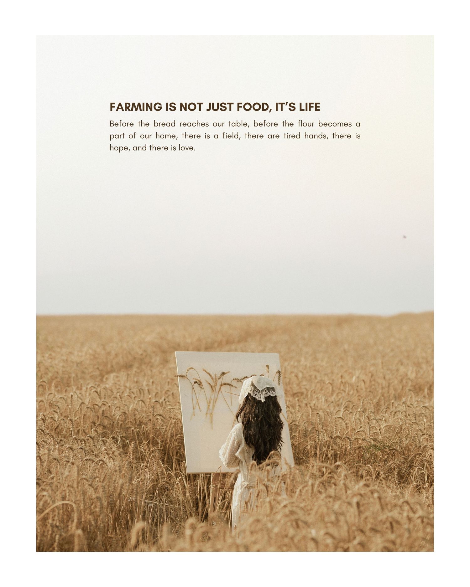 A woman in a wheat field holds a framed wheat painting, with text about farming being life's foundation.