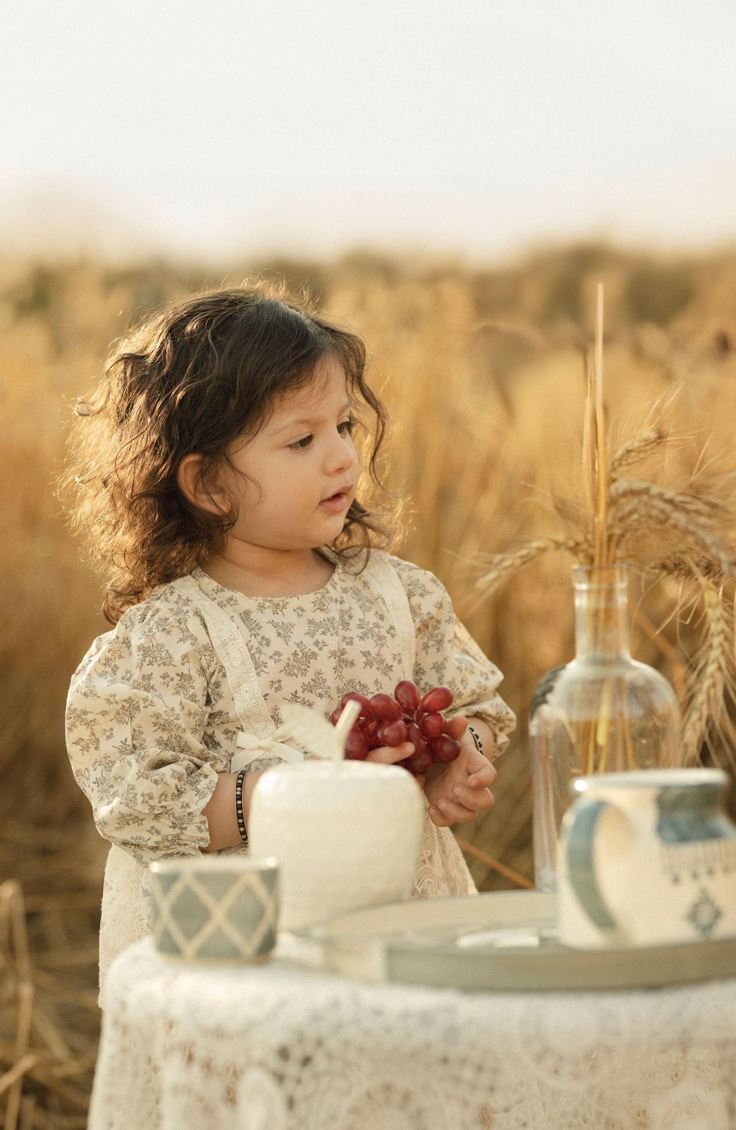 A young girl in a floral dress holds red grapes at a lace-covered table in a golden wheat field.