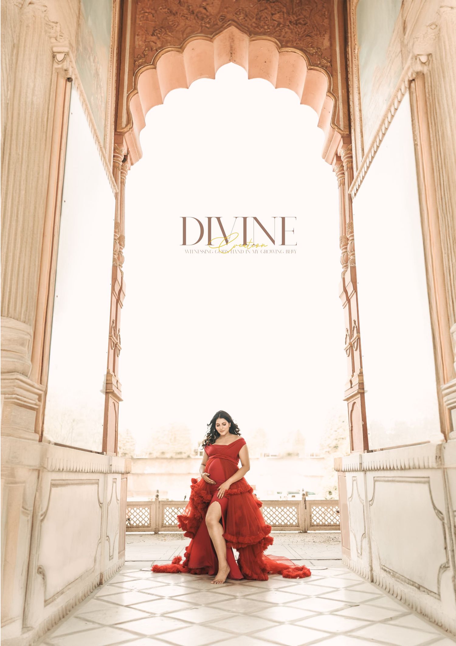 Artistic maternity photography sequence in white marble corridor with flowing red dress against ornate architecture.