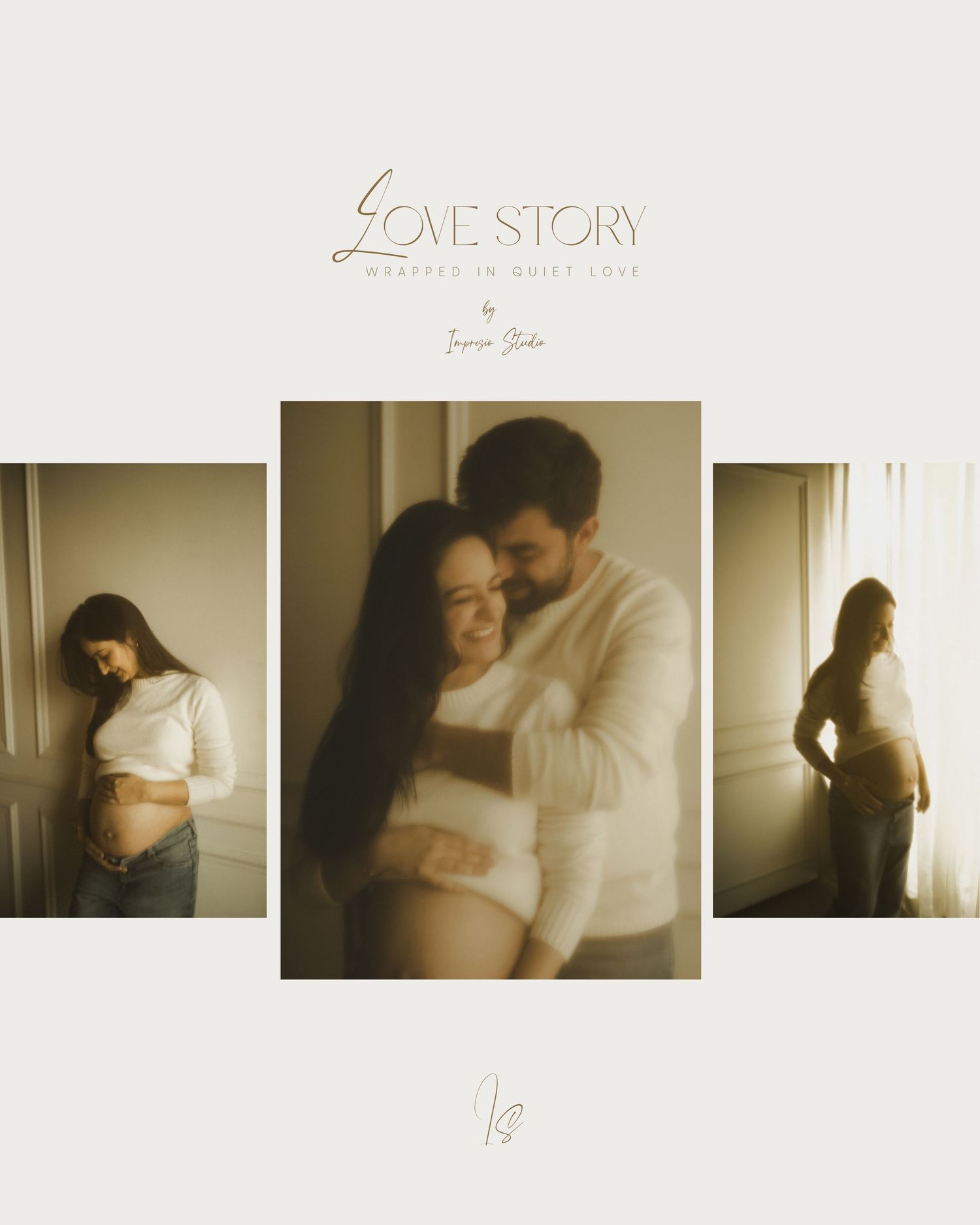 Three romantic maternity photos showing an intimate couple embracing in soft window light with vintage style editing.