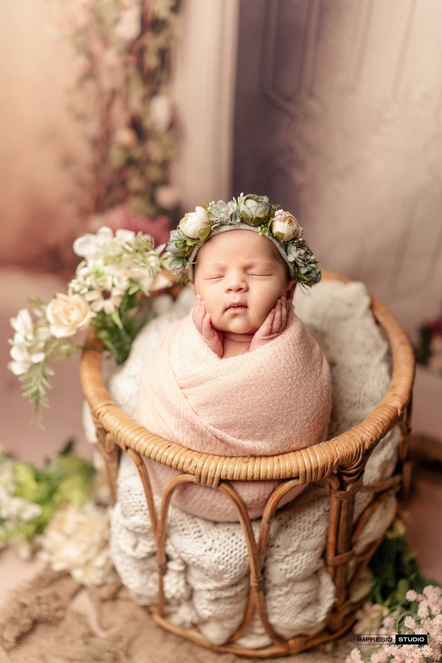 Sleeping newborn baby wrapped in pink swaddle wearing floral crown, posed in wicker basket with white knit blanket.