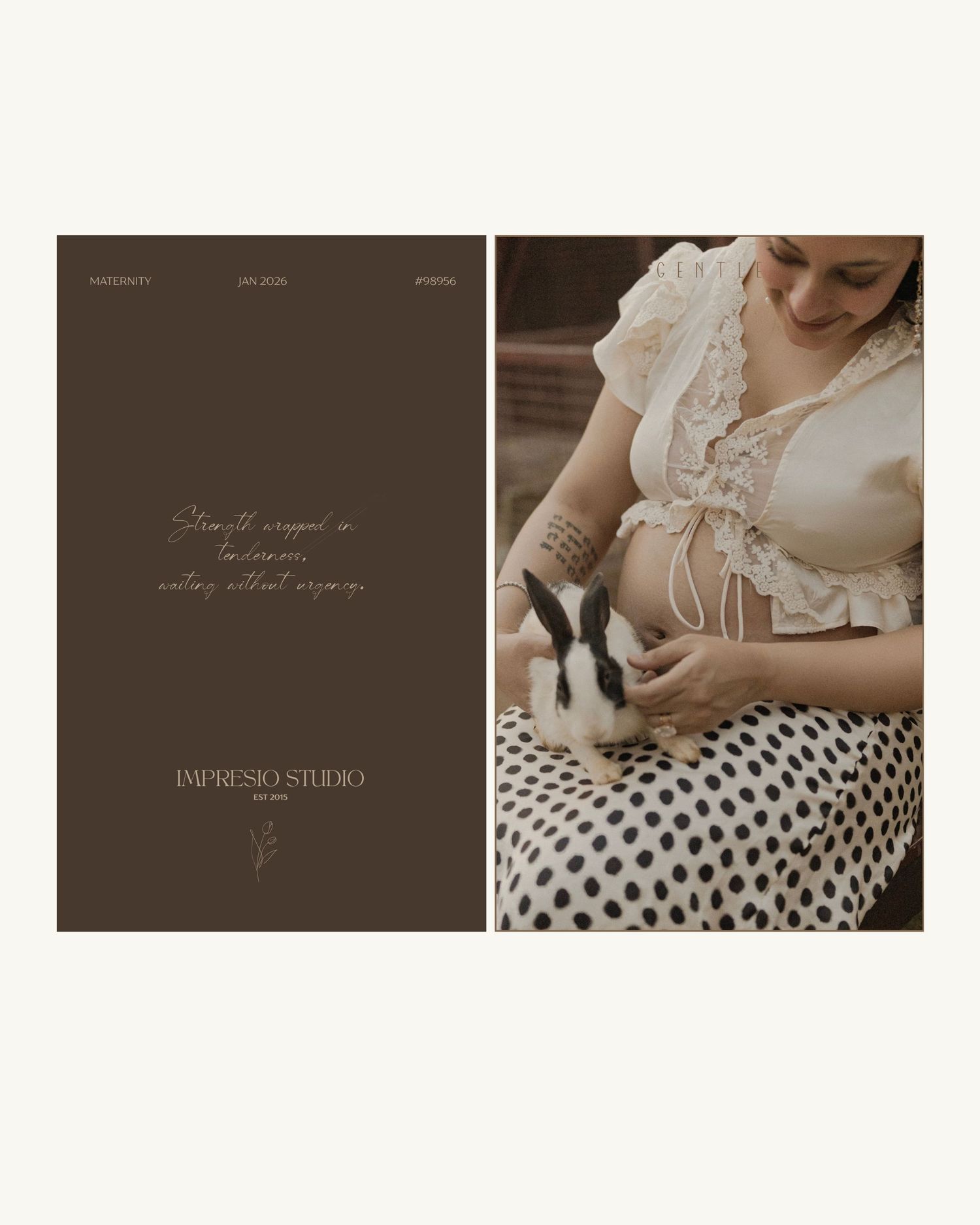 Pregnant woman in white lace top and polka dot skirt holding a black and white bunny, Impresio Studio maternity photography.