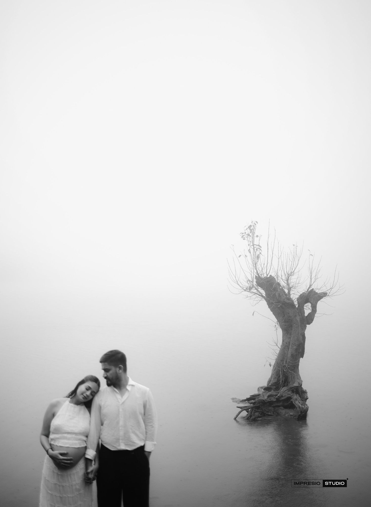 Black and white maternity photo of couple standing in misty water beside a bare tree, evoking serene and ethereal mood.