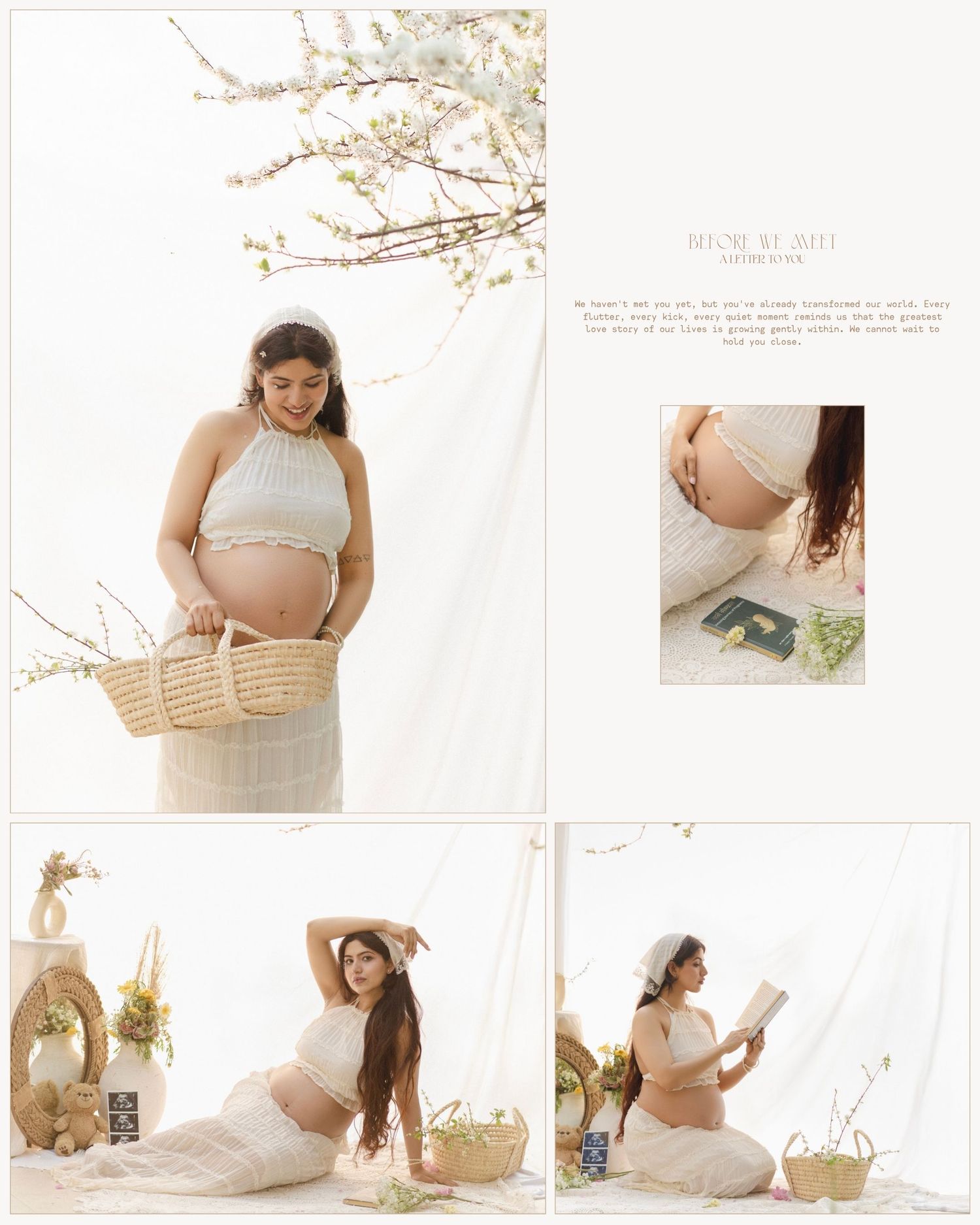 Elegant pregnant woman in white lace dress holding wicker basket during dreamy outdoor maternity photo session.