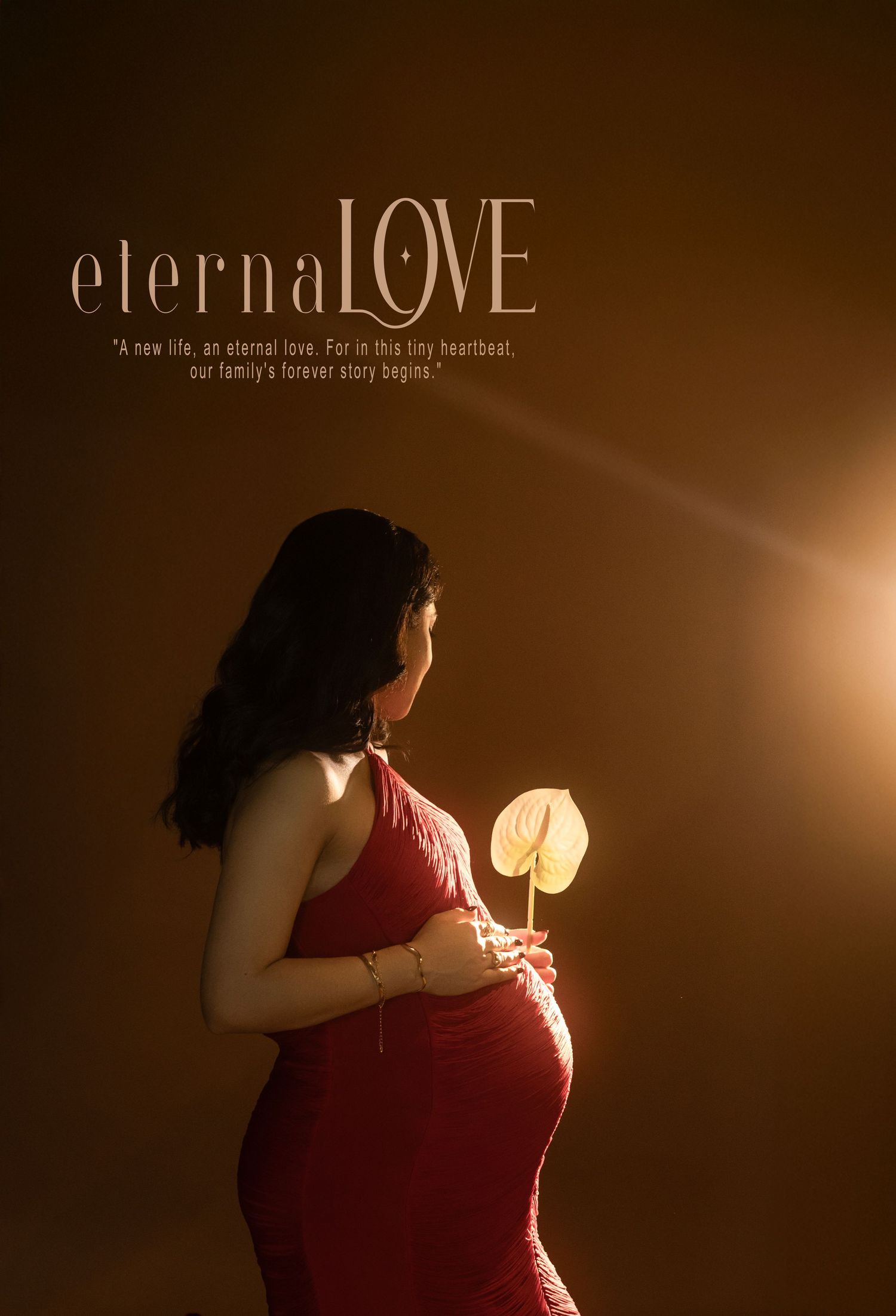 Silhouette of pregnant woman in red dress holding glowing light against dark brown background with text 'eternal LOVE'.