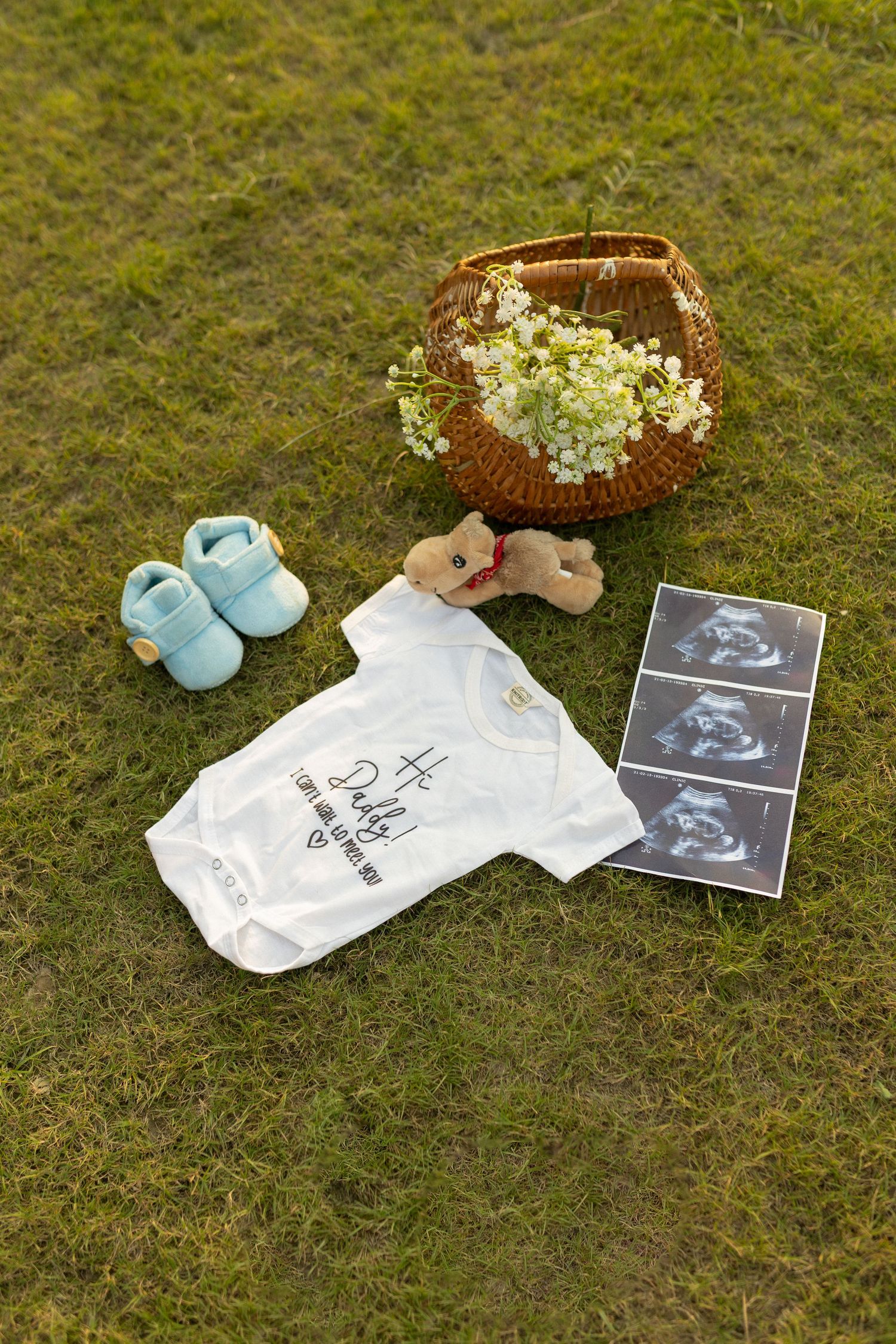 Baby announcement items including ultrasound photos, tiny blue shoes, and white onesie arranged on grass.