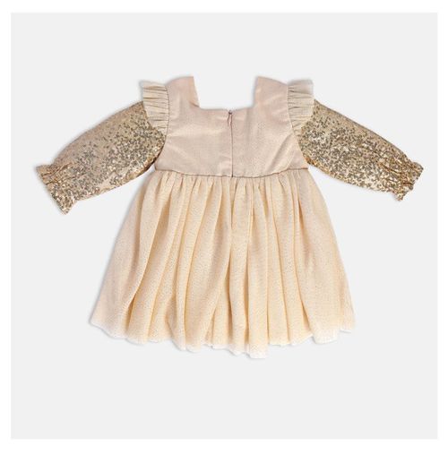 Elegant beige baby dress with sparkly sequined sleeves and ruffle details.