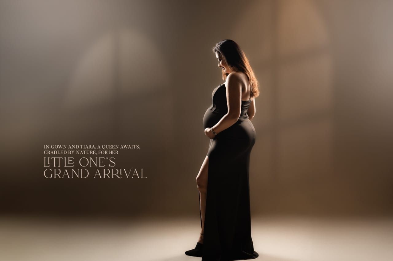 Elegant black dress portrait series with dramatic studio lighting and shadows.