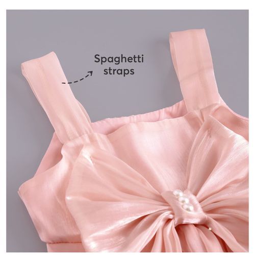 Pink infant romper with spaghetti straps and bow detail.
