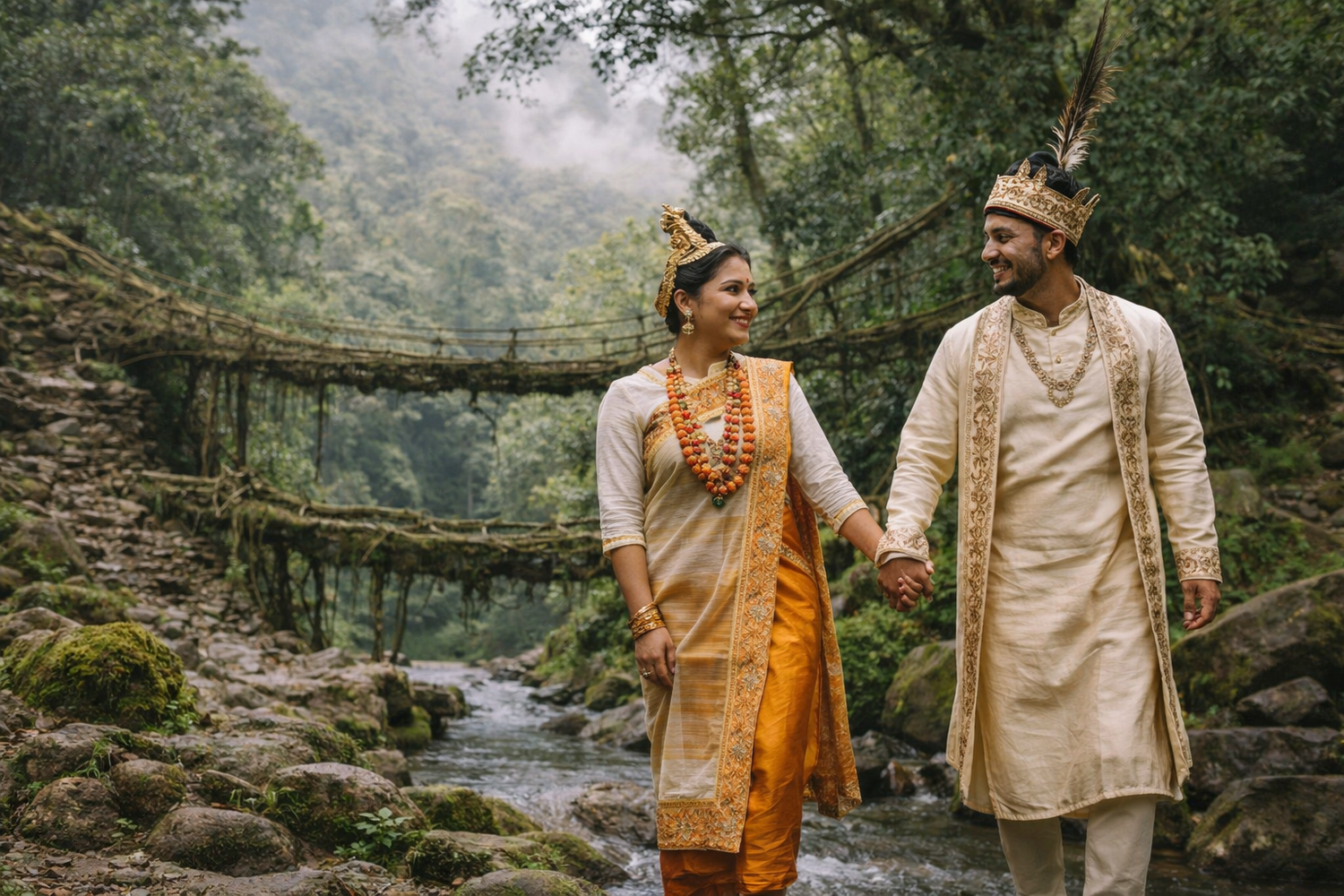 A couple in traditional Indian attire poses on a rustic bridge in a lush forest setting during a wedding photoshoot.