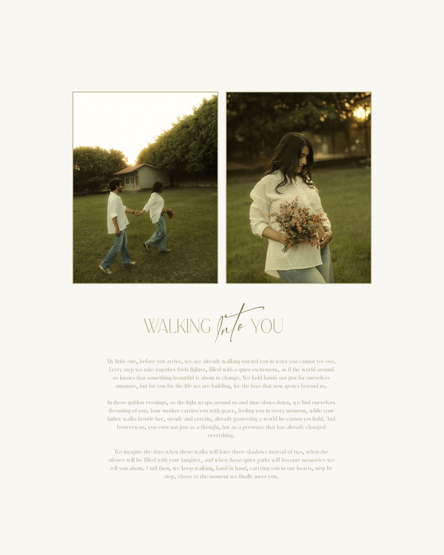 A pregnant woman in a white top holds wildflowers while a child runs through a sunlit field at golden hour.