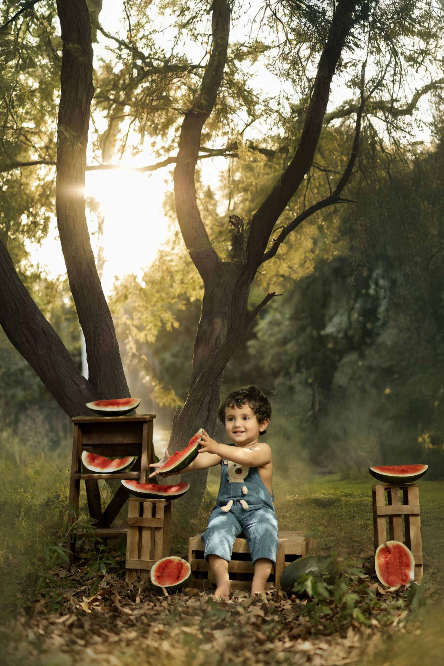 A joyful toddler in denim overalls sits outdoors surrounded by watermelon slices on wooden crates in a sunlit forest.