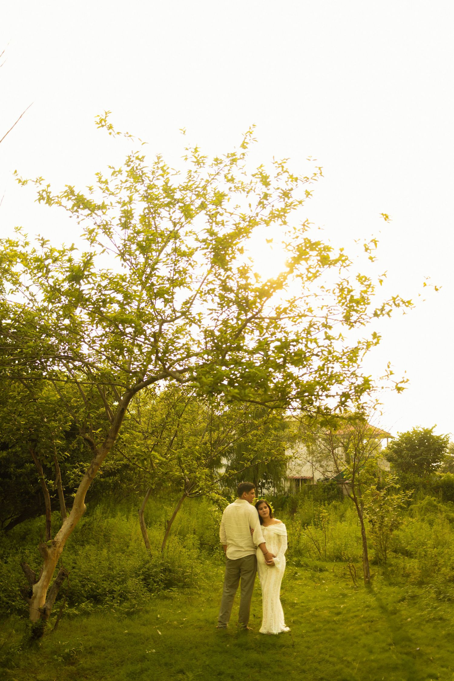Couple embracing in a sunlit garden with lush green trees and warm golden light at sunset.