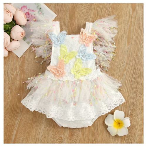 Delicate white lace baby dress with pastel butterfly accents and ruffled details.